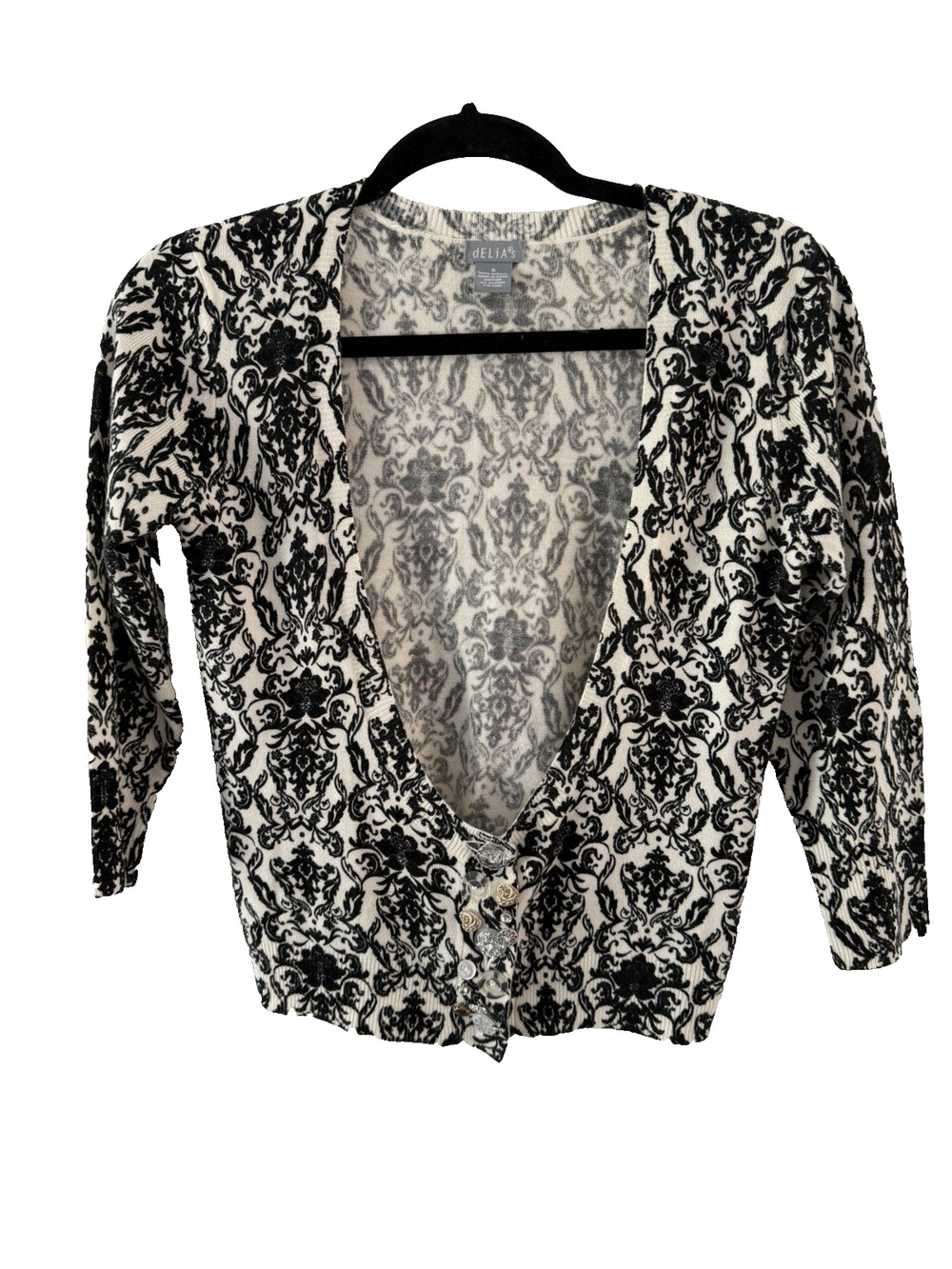Delia's Victorian black and white print cardigan 3/4 sleeve Size Small